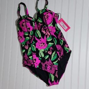 Betsey Johnson Swimsuit Balconette Style Black Pink Roses 1-Pc  Size Medium NWT